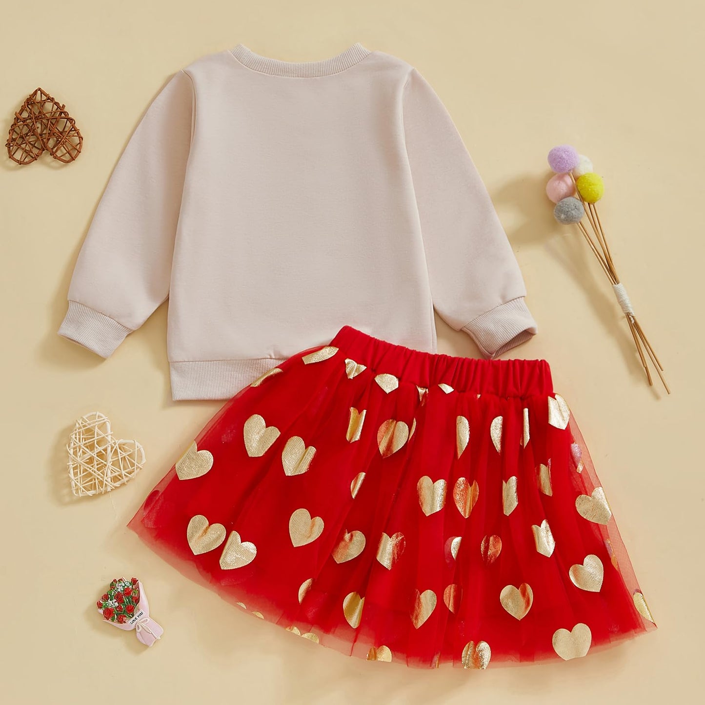 Toddler Baby Girl Valentines Day Outfit Red Love Heart Bow Sweatshirt And Tulle Tutu Skirts Set Cute Spring Clothes (Apricot Xox