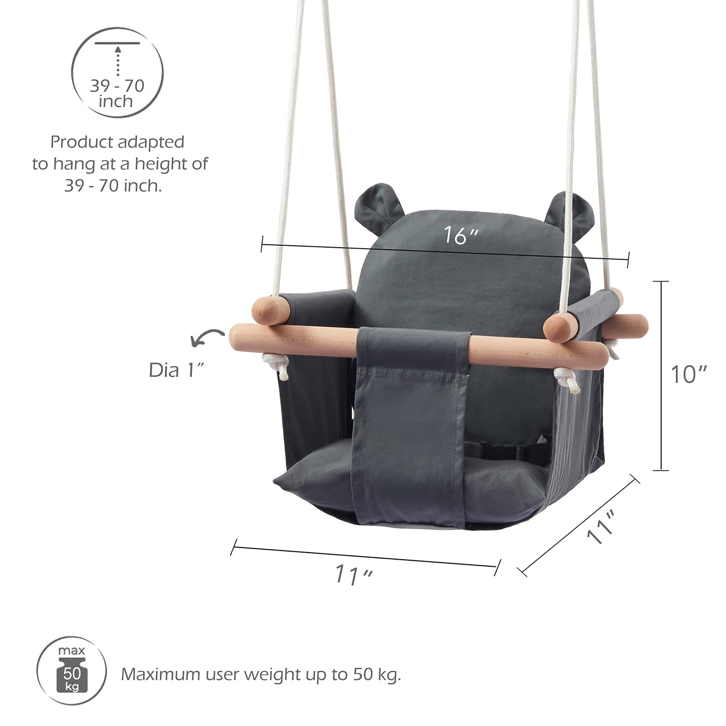 Secure Baby Swing Seat With Safety Belt - Baby Canvas And Wooden Swing Chair With Ear D  Cor Cushion - Hanging Indoor Swing For