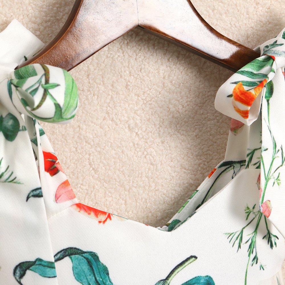 Popreal Mommy And Me Floral Printed Sleeveless Bowknot Chiffon Beach Romper Family Match Dress,White,Baby-3-6Months