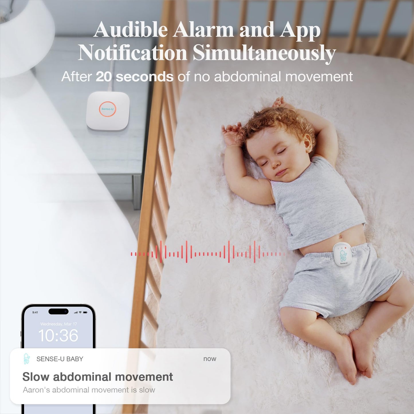 Sense-U Smart Baby Monitor Pro(Long Range) With Arousal Vibration, Audible & App Alerts Anywhere: Tracks Abdominal Movement, Rol