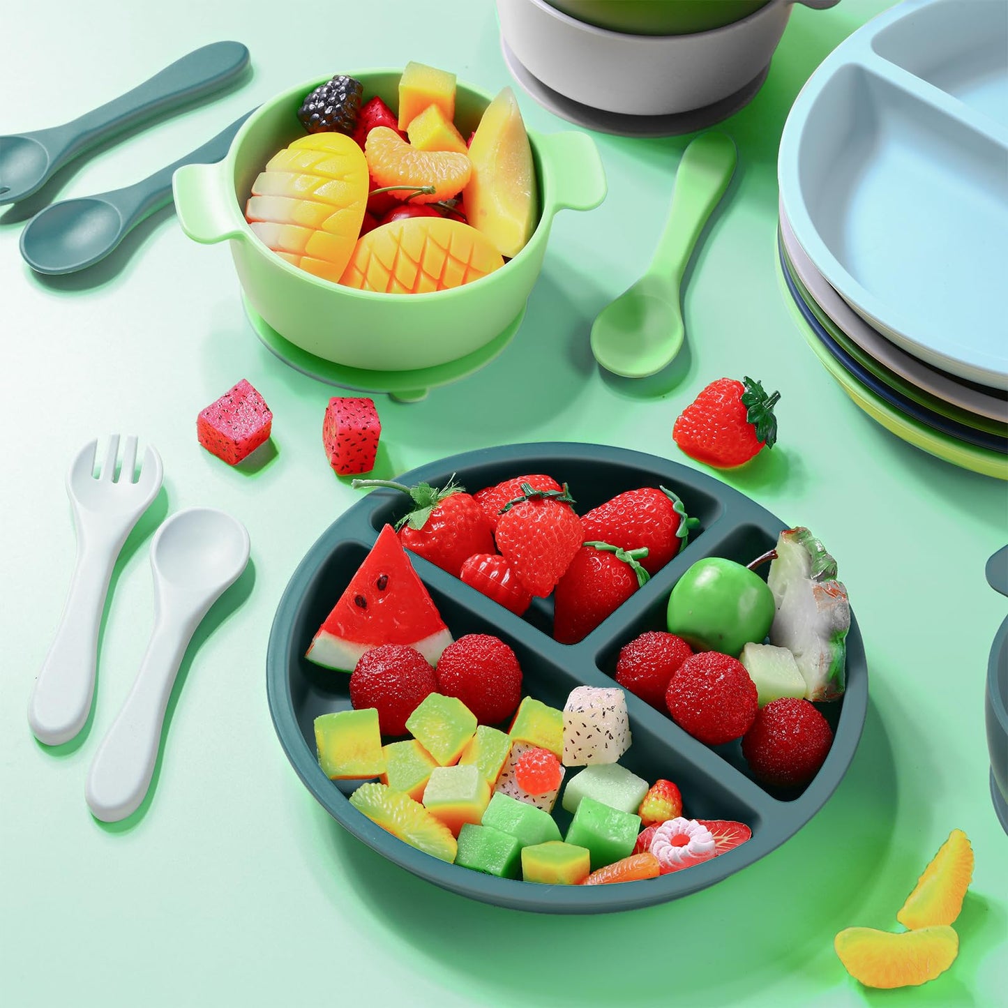 Dandat 24 Pcs Silicone Baby Feeding Set,6 Baby Toddler Suction Bowls 6 Divided Suction Plates With 6 Forks 6 Spoons, Utensils Se