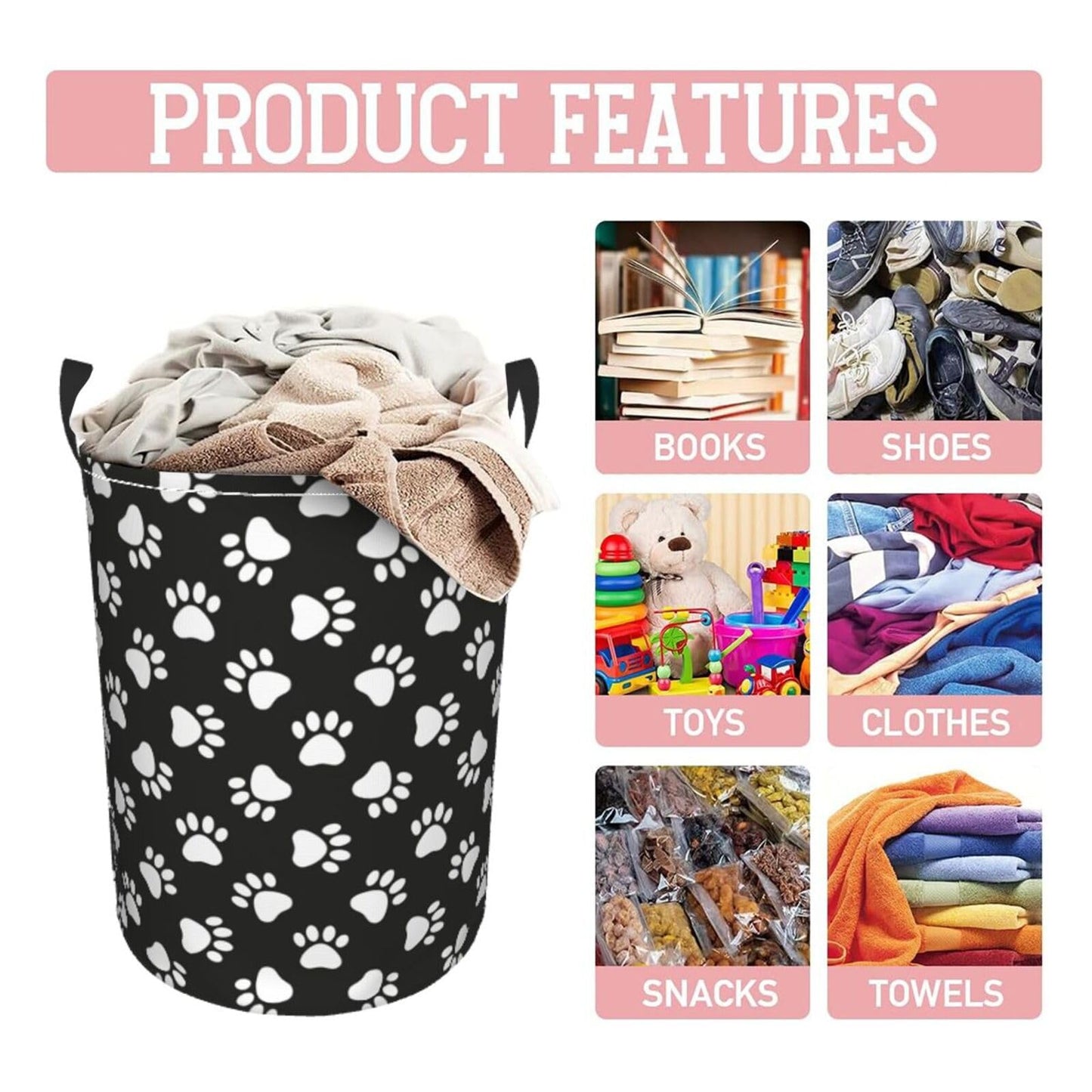 Gbuzozie Black And White Dog Animal Paws Round Laundry Hamper Storage Basket Toys Clothes Organizer Bin For Home Bathroom Bedroo