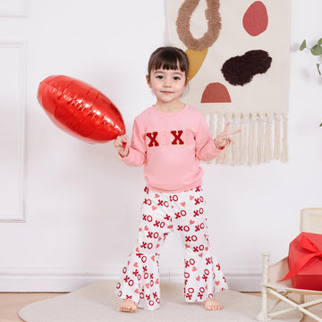 Lucikamy Newborn Baby Girl Valentine'S Outfits Long Sleeve Letters Print Sweatshirt Tops Stretch Bell Bottom Pants Spring Clothe