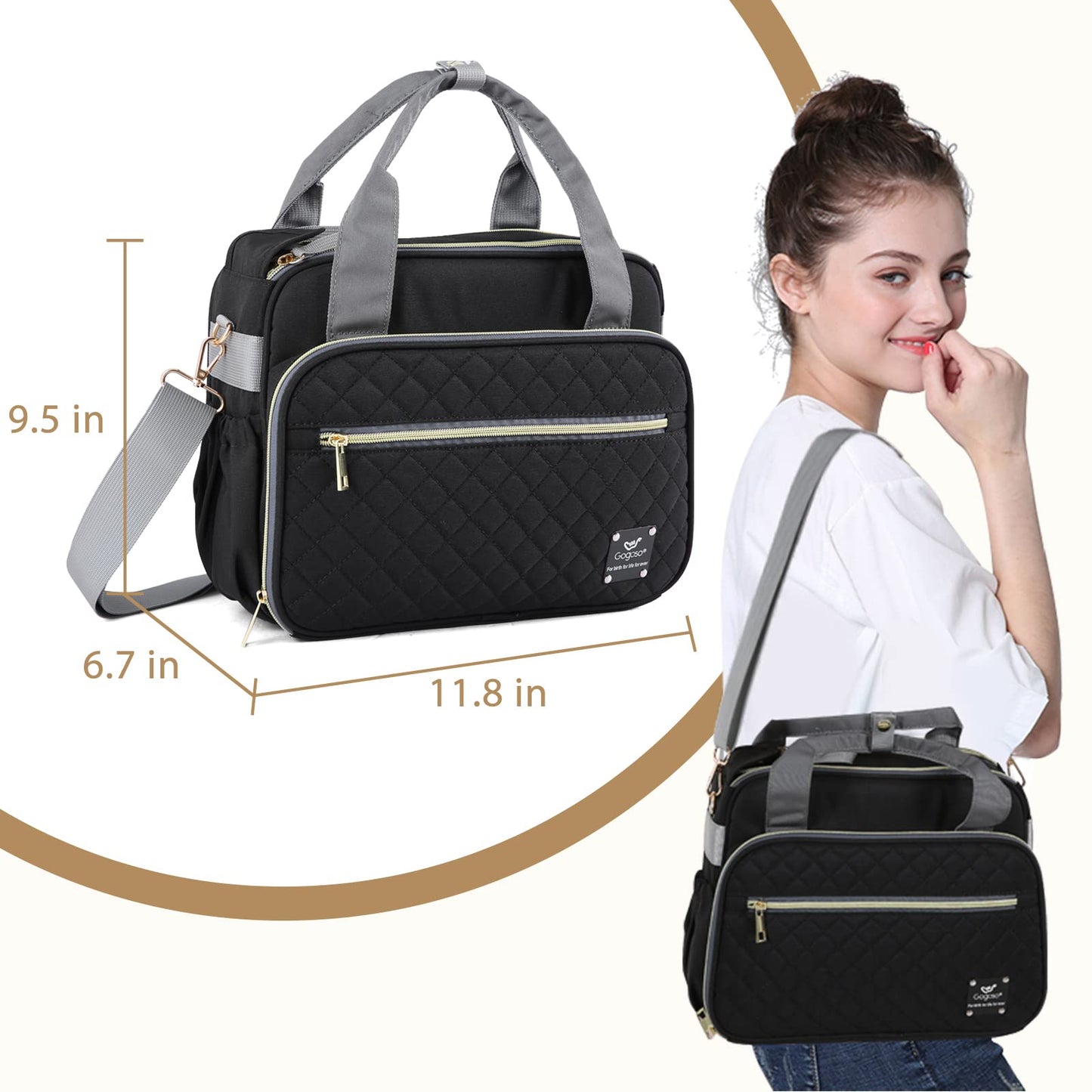 Gogoso Crossbody Small Diaper Bag, Cute Mini Baby Diaper Tote Bags With Insulated Pockets For Traveling Outdoor Parent, Black