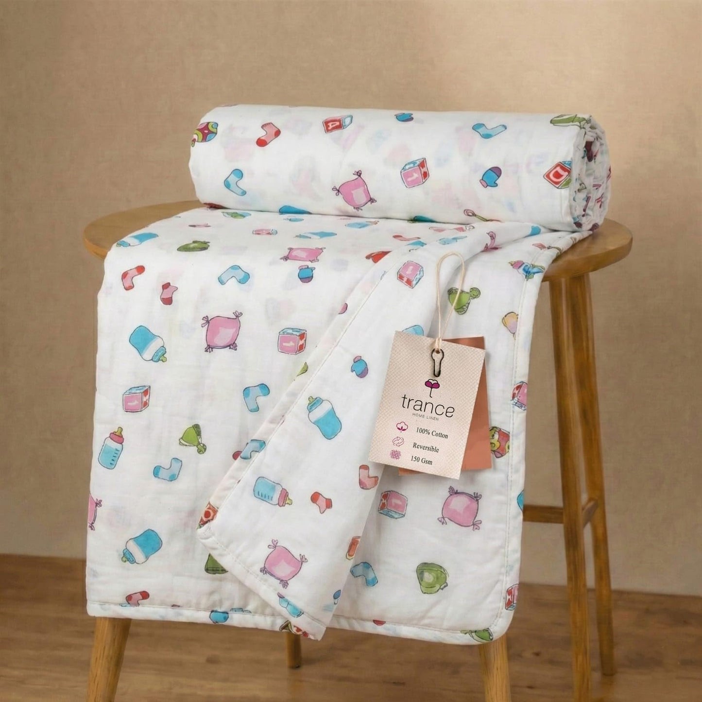 Trance Home Linen Pure Malmal Cotton Multipurpose Baby Dohar | 3Layered Baby Swaddle | Soft Lightweight Baby Blanket | Crib Bl