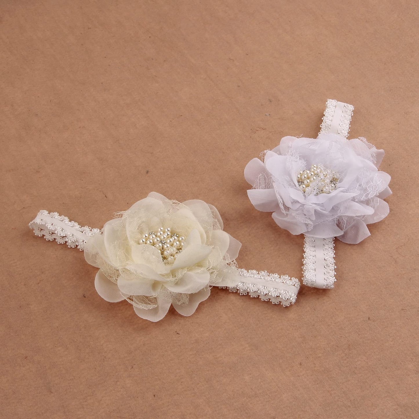 Nishine 2Pack Newborn Elactic Lace Crwon Headband Toddler Girls Fabric Flower Pearl Hairband For Baby Shower Birthday Gift (Whit
