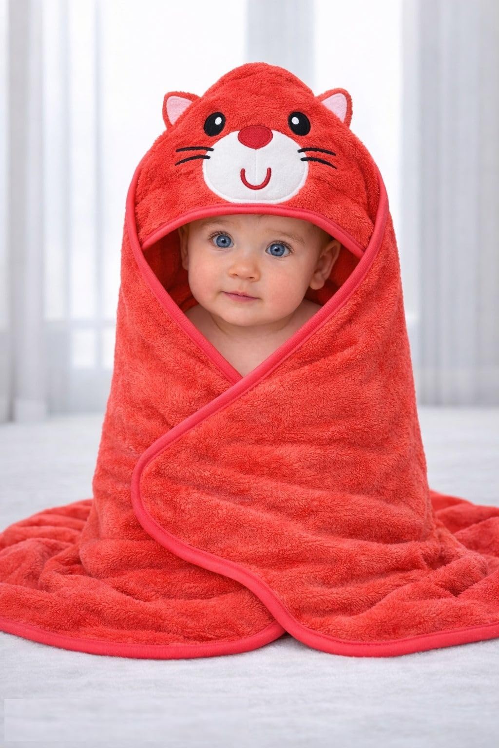 Hi mom Baby Hooded Towel, Red, Cat Design, Soft and Cosy Wrap for Infants