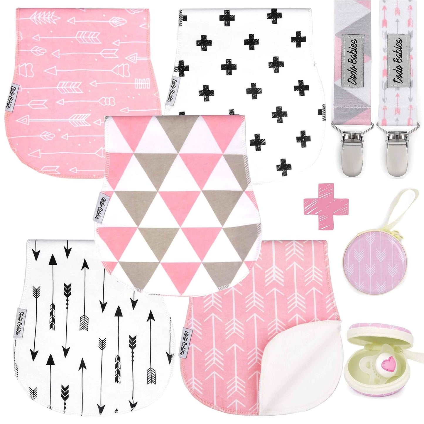Dodo Babies Burp Cloths for Babies 5-Pack - 19 x 9 in - Pink & White - 5 Contoured Cloths, 2 Pacifier Clips & Case - Soft Cotton
