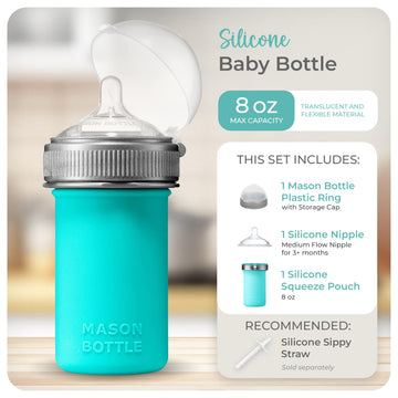 Mason Bottle 8Oz Silicone Baby Bottle With Medium Flow Nipple (3+ Months) - Breastfeeding Bottle, Reusable Silicone Squeeze Pouc