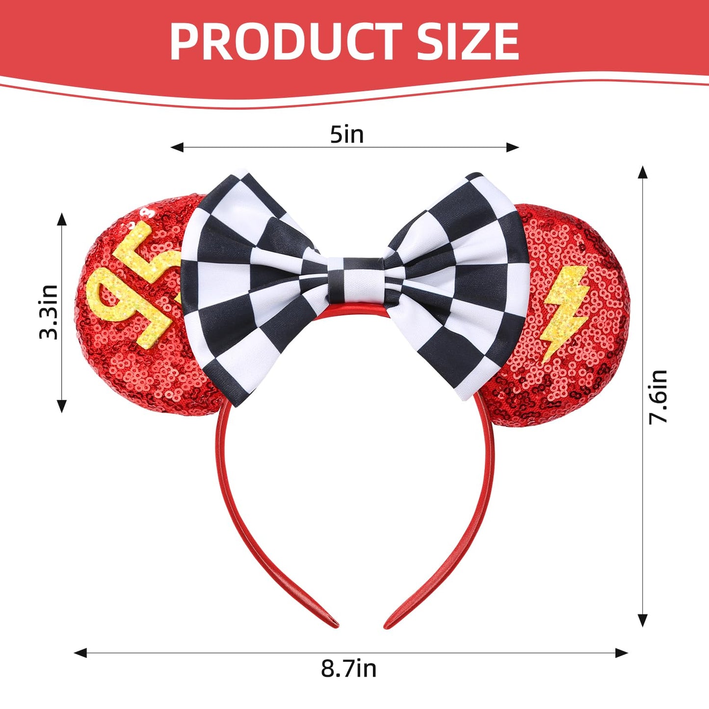 Razko Sequin Minnie Ears Headband, Glitter Red Lightning Mouse Ears With Bow, Park Princess Ears For Women, Girls, And Kids (Car