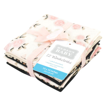 Hudson Baby Unisex Baby Flannel Cotton Washcloths, Neutral Pink Floral 12 Pack, One Size