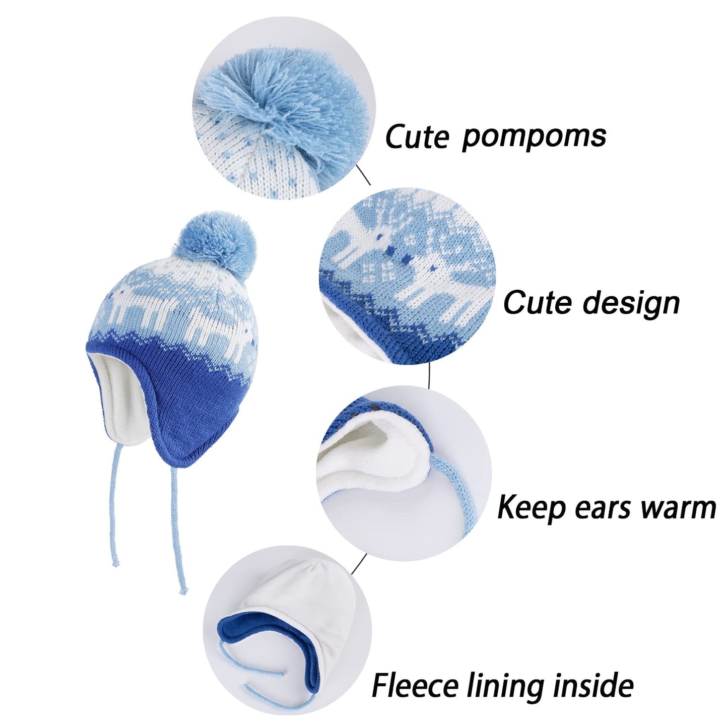 Langzhen Deer Hat For Girls Infant Pom Pom Beanie Kid Winter Hats Toddler Cap Knit Warm Beanies Caps For Baby Boys Girls(Deer-Bl