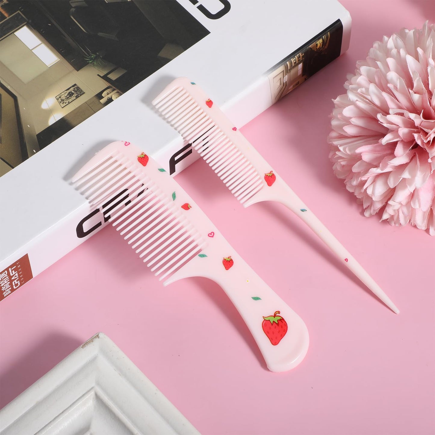 Baby Comb Set, Small Cute Fine Tooth Toddler Comb & Rat Tail Baby Comb For Styling, Pink Baby Hair Comb Plastic Parting Combs, A