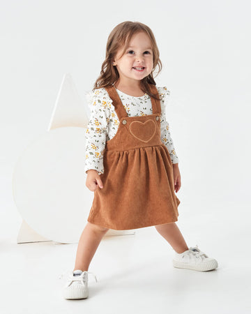 Kucnuzki Baby Girl Fall Clothes Toddler Long Sleeve Outfit Infant Ruffled Romper Brown Soft Suspender Skirt Dress 6-12 Month Gir