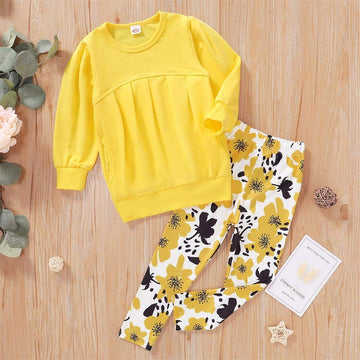 Ritatte Toddler Girls Clothes Winter Warm Long Sleeve Tops Long Pants Suit Kids Soft Cotton Fall Outfits 2Pcs Set(Yellow Flower,