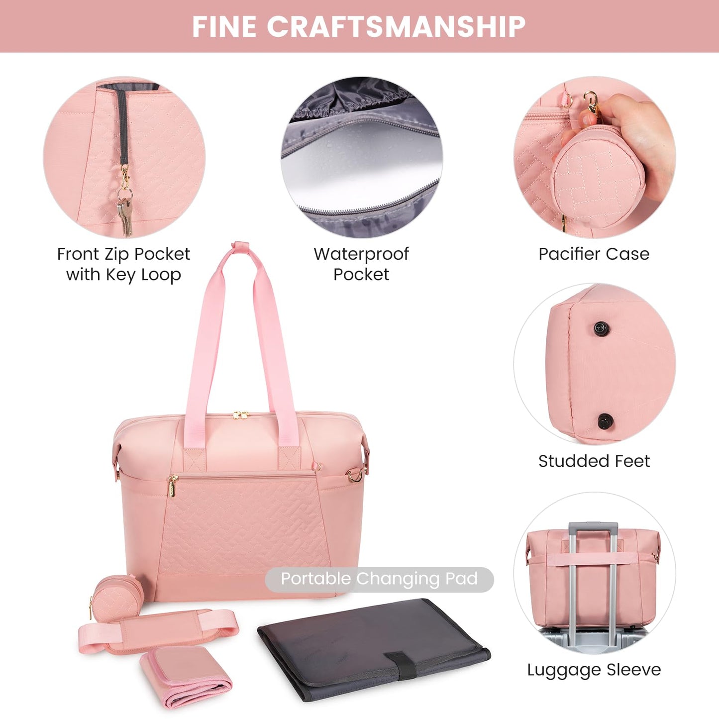 Lovevook Diaper Bag Tote, Large Baby Tote Bag, Travel Diaper Tote For Mom And Dad With Changing Pad And First Aid Bag, Pink