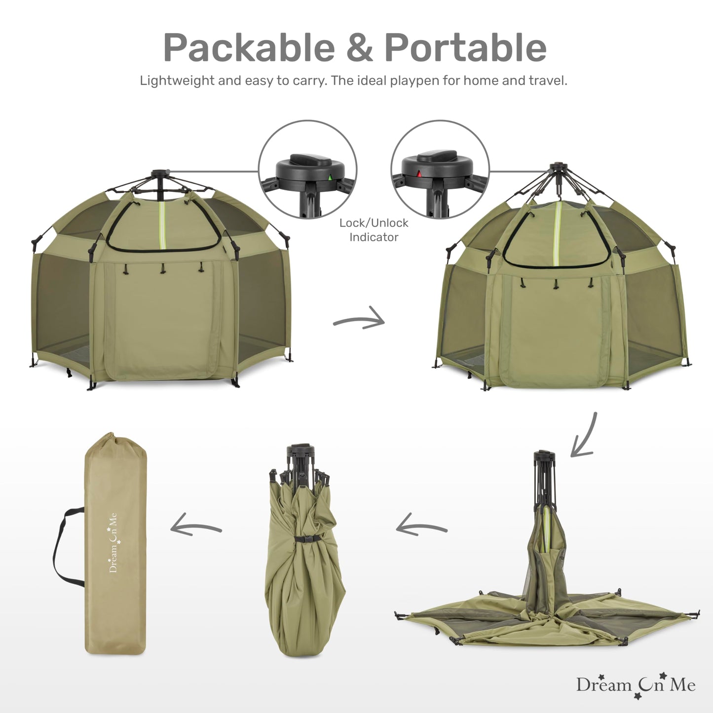 Dream On Me Pop Up Children Playpen In Taupe Green, Easy Set Up For Babies And Toddlers, Breathable Mesh Sides, One Hand Easy Fo