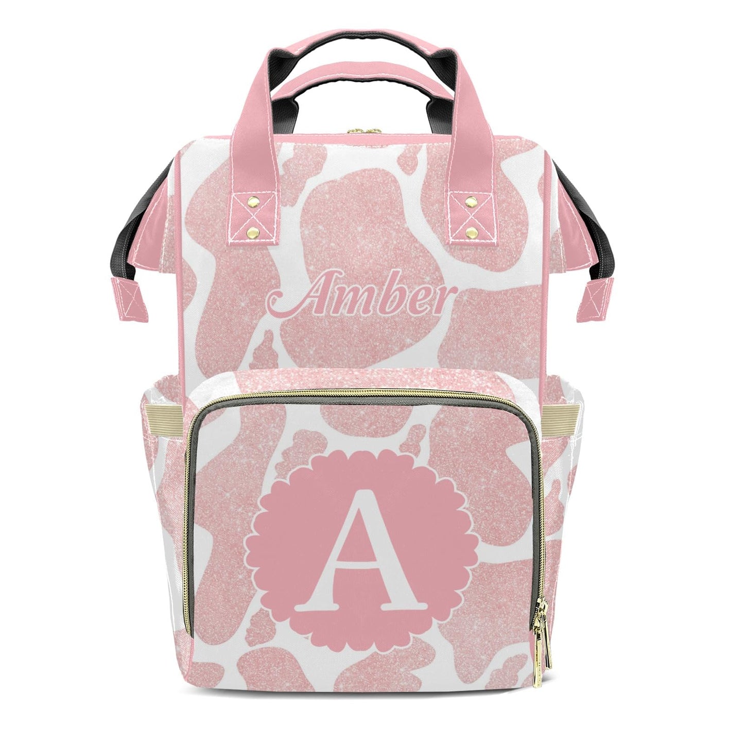 XOZOTY Cow Pattern Pink Diaper Bags Backpack with Name Personalized Baby Bag Nursing Nappy Bag Gifts for Mom Girl