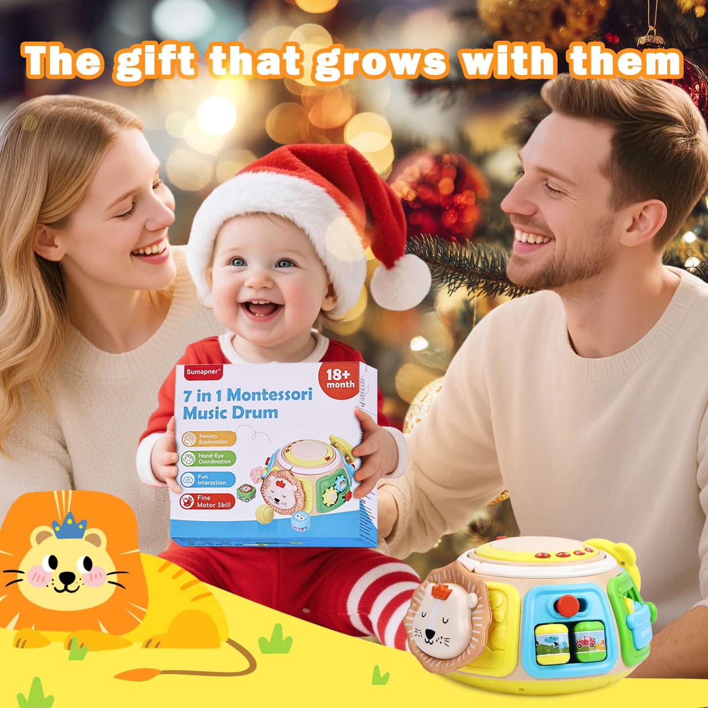 7-in-1 Activity Cube Drum Montessori Toys for Baby, Busy Toys for Toddlers with 9 Sensory Shape Blocks, Music & Light Educationa