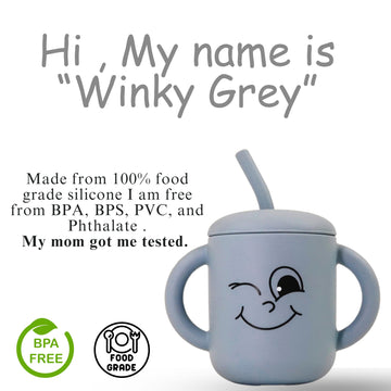 Fumiko Sippy Cups For Toddlers 1-3 - Adorable Personality Designs, Built-In Straw Lock, Easy-Grip Handles, (Winky Grey)
