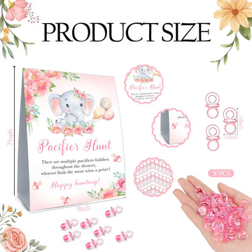 Guawubiang Pacifier Hunt Sign, Mini Pacifiers Baby Shower Game Set, 50Pcs Pink Girl Baby Shower Game Decorations Set, Cute Eleph
