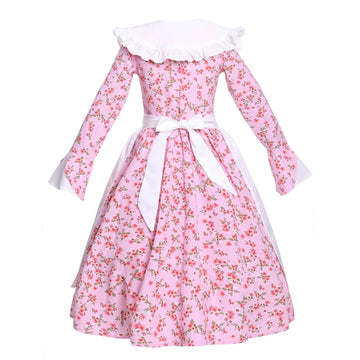Vibsion Girls Prairie Pioneer Costume Pilgrim Dress Kids Floral Colonial Village Girl Costume Bonnet Apron Set Pink Xxl