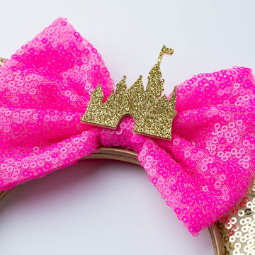 Foeran Mouse Ears Headbands Shiny Bows Mouse Ears Glitter Party Princess Decoration Cosplay Costume For Girls Women (Gold/Pink)