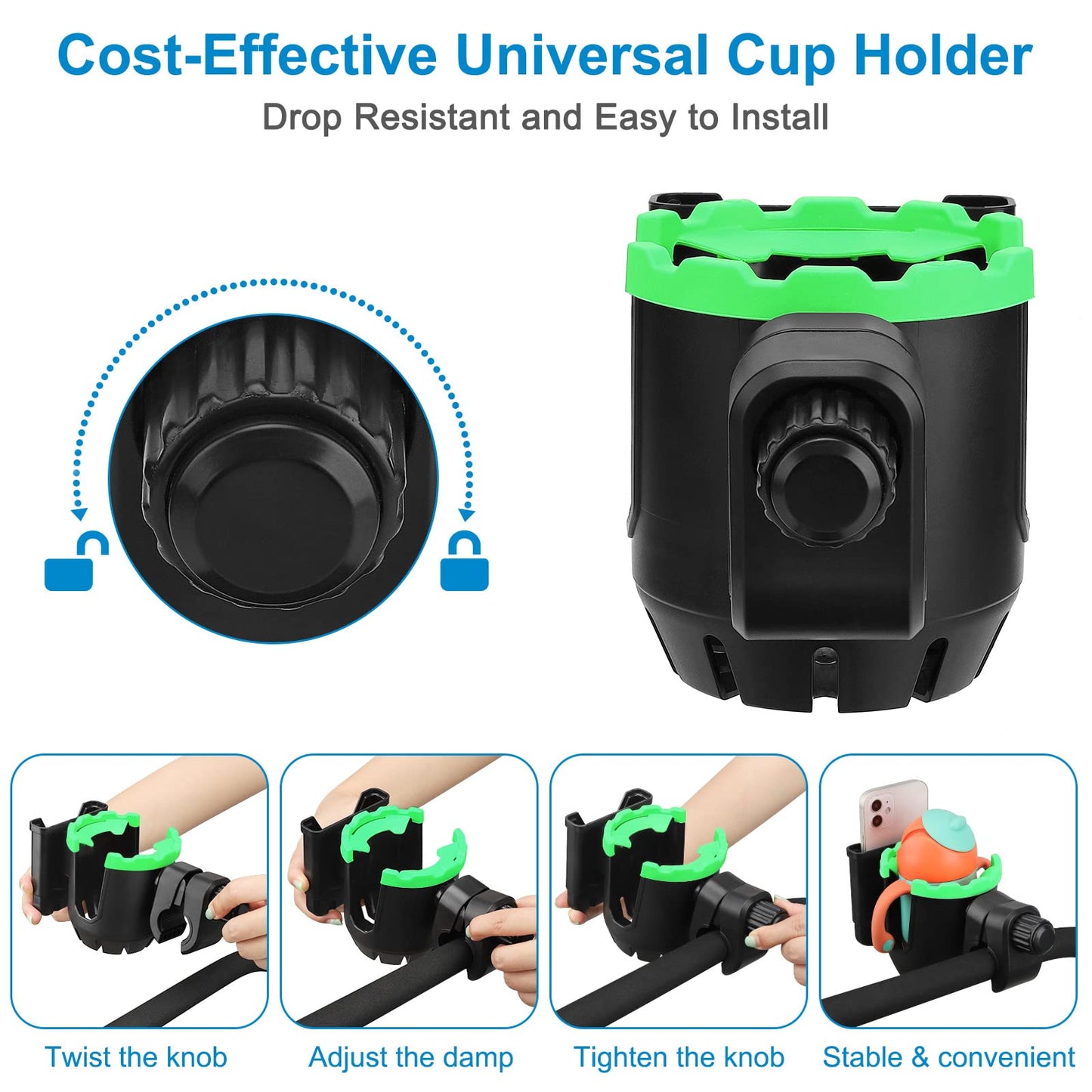 Accmor Stroller Cup Holder, Bike Cup Holder, Universal Cup Holder For Uppababy Nuna Doona Strollers, 2-In-1 Cup Phone Holder For