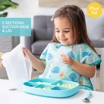 Bumkins Toddler And Baby Suction Plate, Silicone Divided Grip Dish And Lid, Large 5-Section Tray For Kids, Essentials In Childre