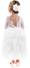 2Bunnies Girl Peony Lace Back A-Line Tiered Tutu Tulle Party Flower Girl Dress (White Sleeve Maxi, 5)
