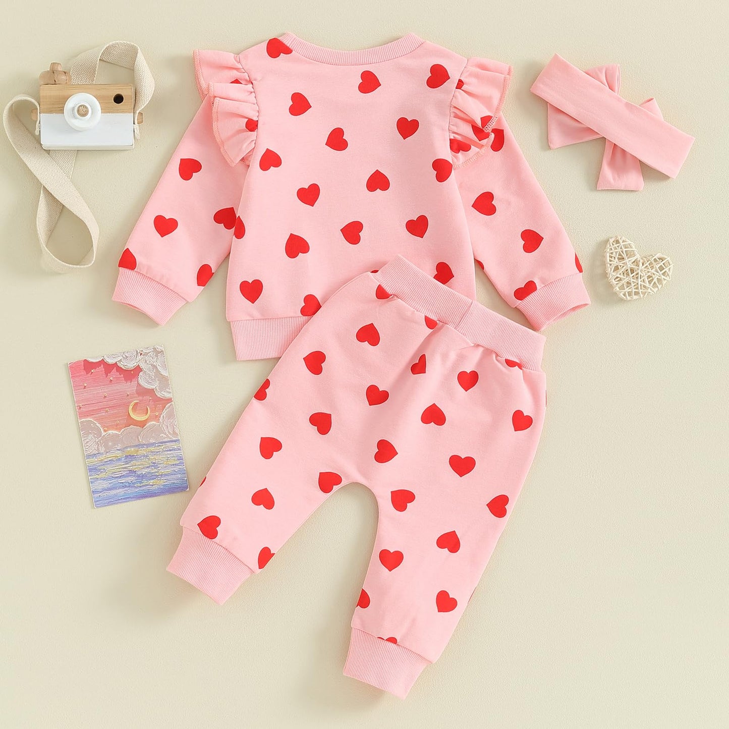 Toddler Baby Girl Valentines Day Outfit Infant Red Heart Clothes Newborn Sweatshirt Pants Headband 3Pcs Set (U Full Red Heart Pr