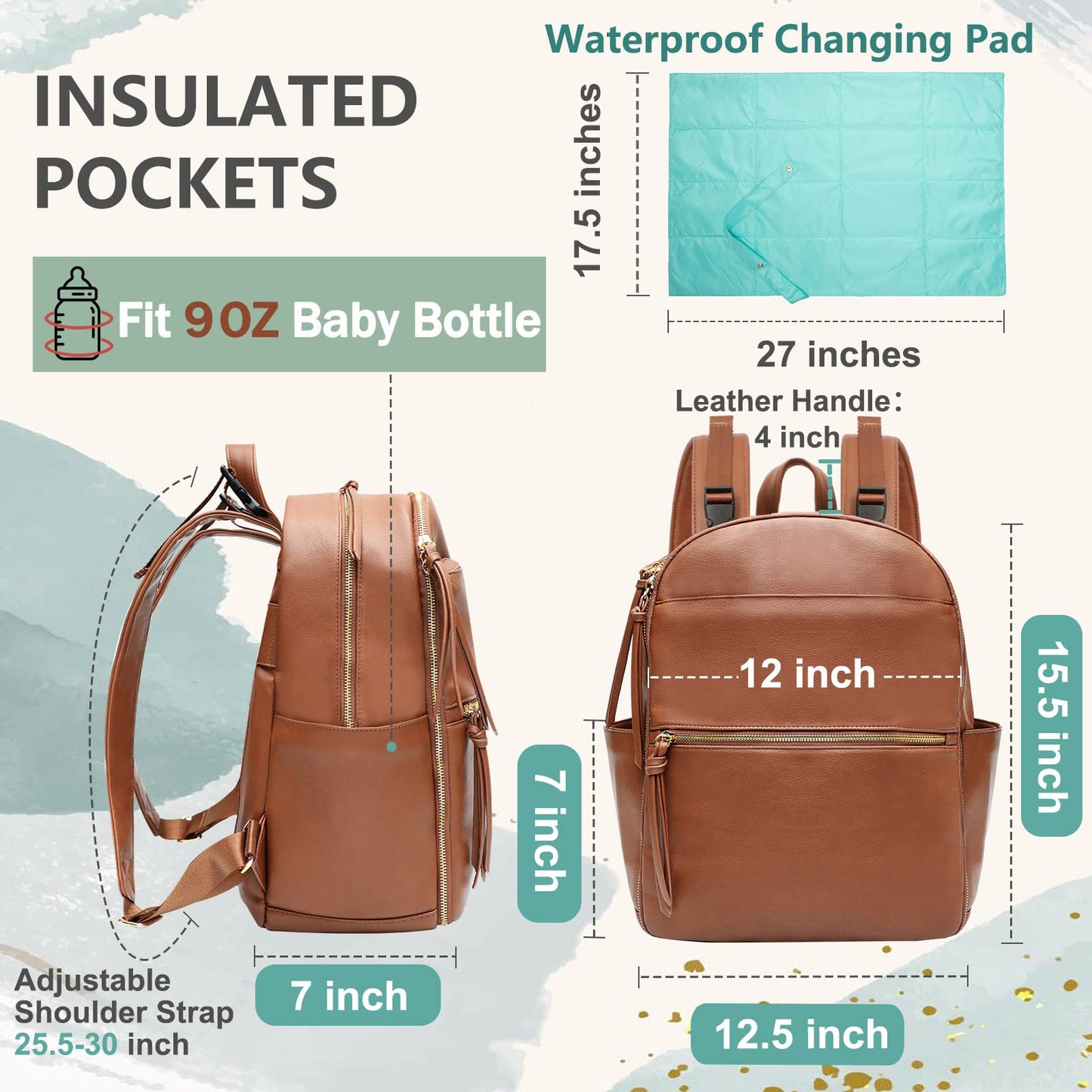 Mominside Diaper Bag Backpack With 6 Insulated Pockets, Leather Diaper Bag, Large Baby Bag For Mom, Baby Registry, 18 Pockets, C