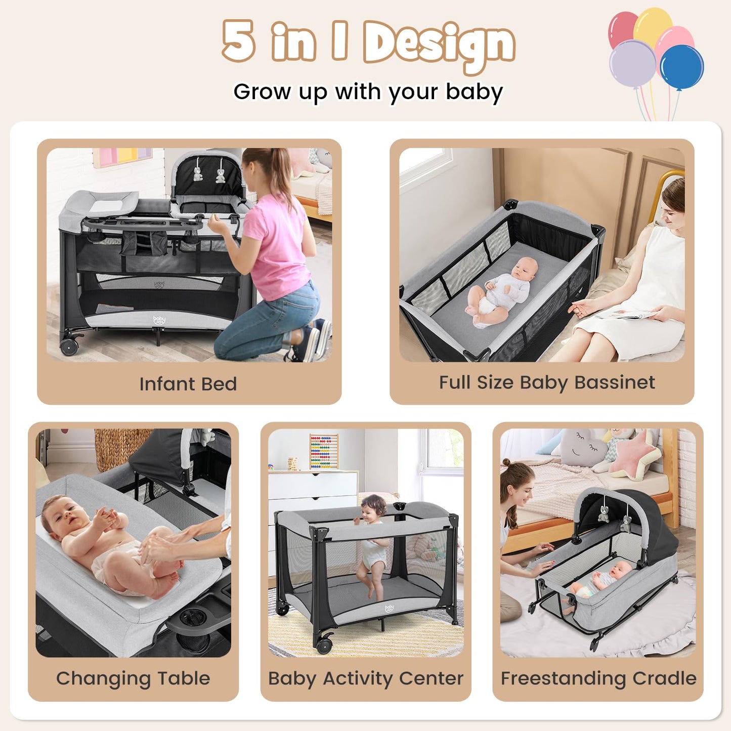 Baby Joy 4 In 1 Pack And Play, Portable Baby Playard With Bassinet & Diaper Changing Table, Infant Bassinet Baby Crib Activity C