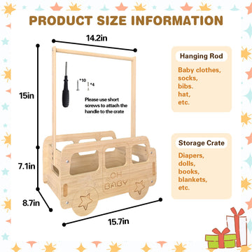 Fun-Plus Baby Shower Crate, Bus Shape Basket With Handle, Wooden Storage Crate For Pregnancy, New Parent (Bamboo Made)
