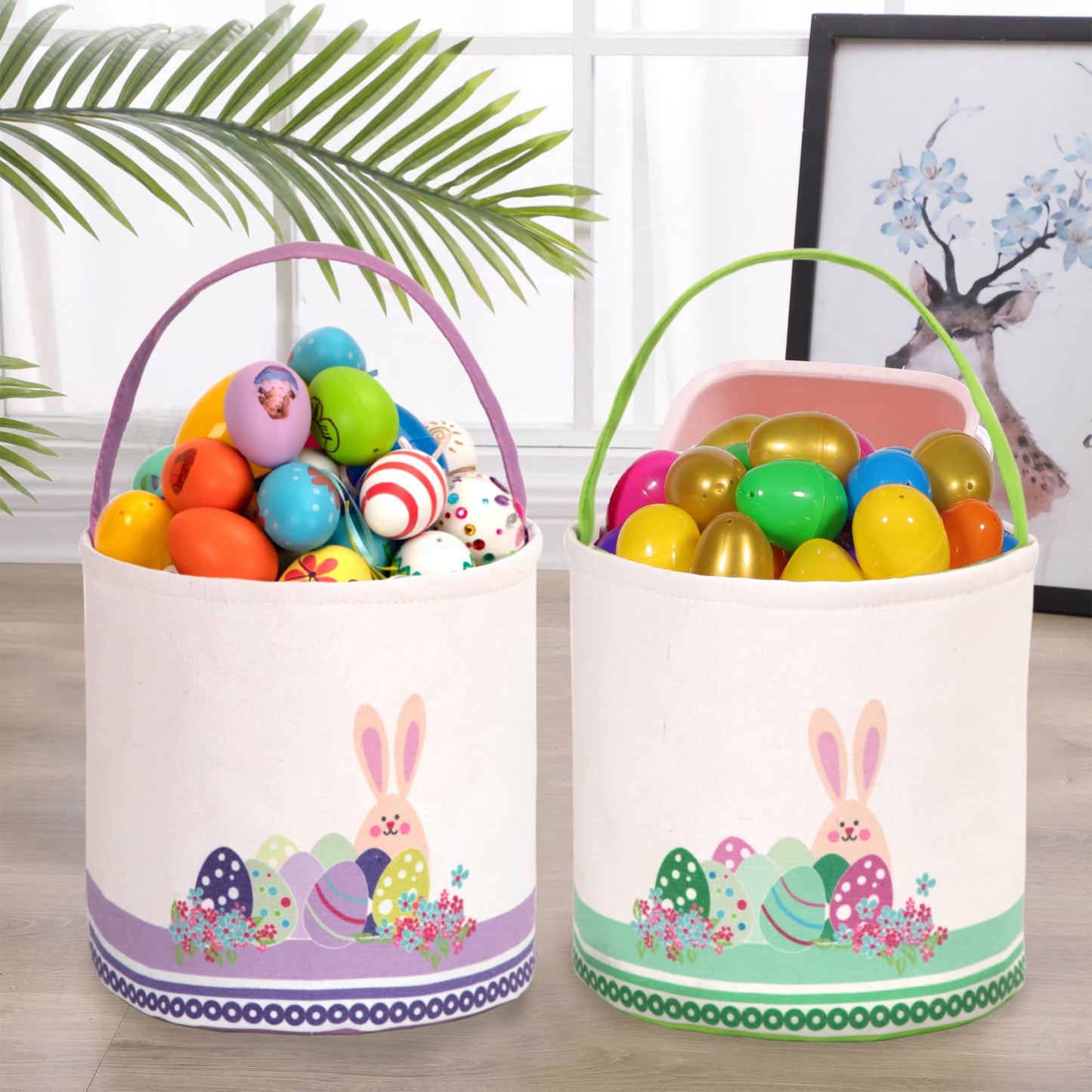 Lessmo 2Pack Easter Bunny Basket Easter Egg Buckets, Green Purple Cute Personalized Canvas Cotton Tote Bags Egg Hunt Basket For