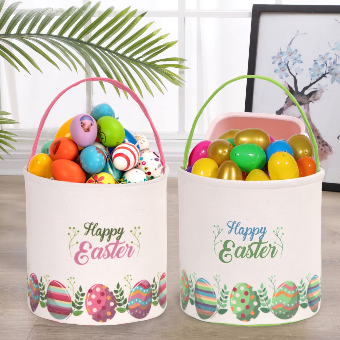 Lessmo 2 Pcs Easter Bunny Basket Egg Buckets Gifts Tote Bags, Canvas Cotton Pink Green Cute Personalized Egg Hunt Basket Stuffer