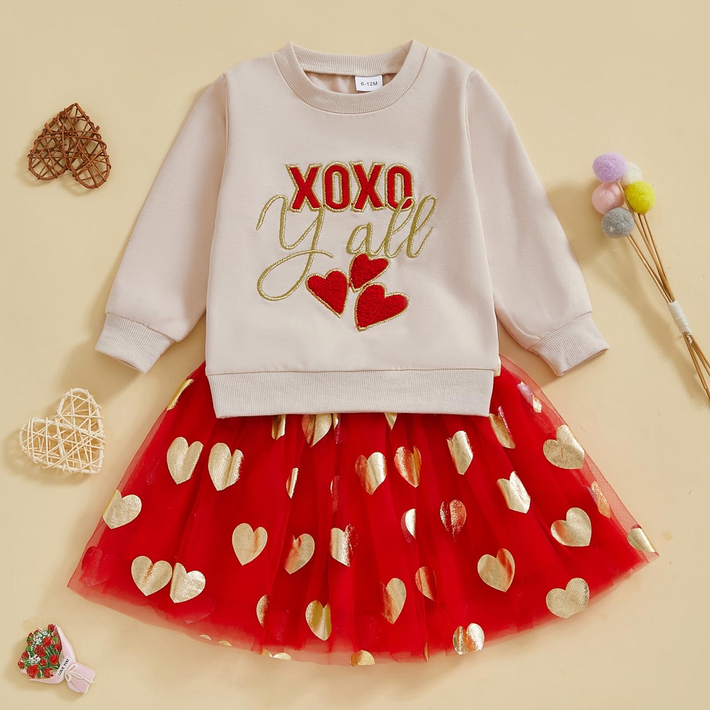 Toddler Baby Girl Valentines Day Outfit Red Love Heart Bow Sweatshirt And Tulle Tutu Skirts Set Cute Spring Clothes (Apricot Xox