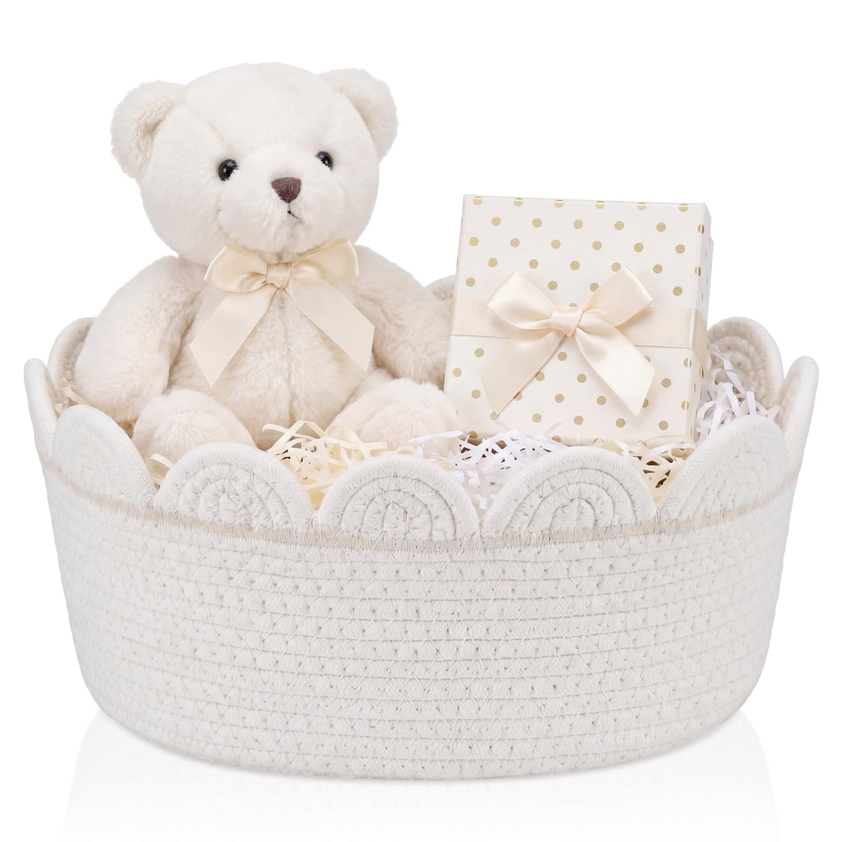 Mifoci White Scalloped Cotton Rope Gift Basket Decorative Small Woven Basket, Cute Boho Closet Storage Bin for Baby Shower Newbo