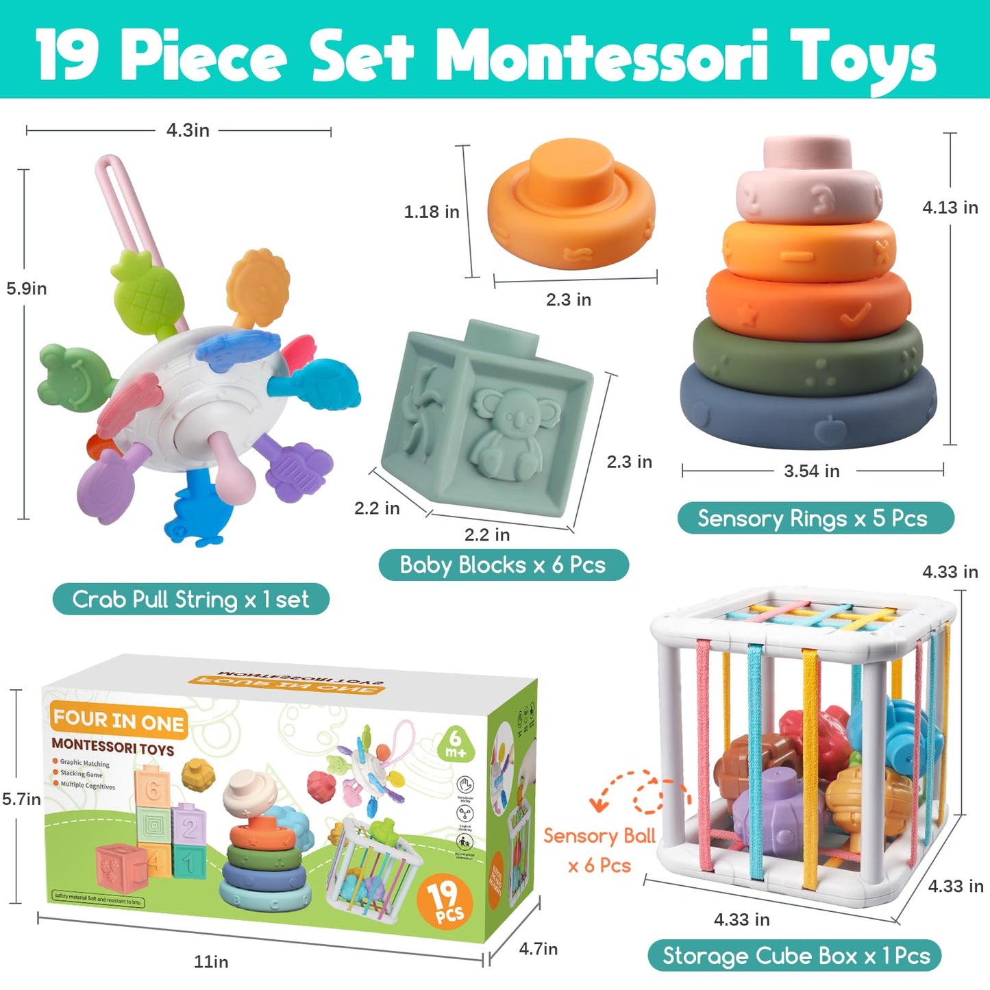 Wuzhineisn Montessori Baby Toys for Ages 6-18 Months - Pull String Teether, Stacking Blocks, Sensory Shapes Storage Bin, Infant