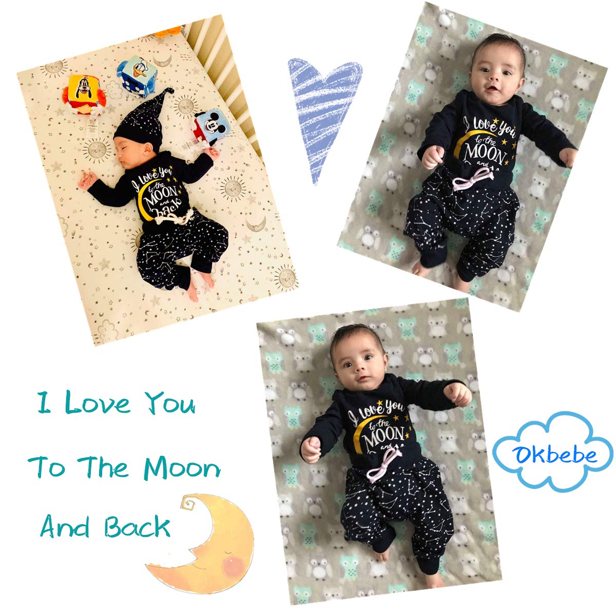 Baby Boys 3Pcs Space Outfit Newborn Love You To The Moon And Back Starry Sky Long Sleeve Pant Set (Blue04, 3-6 Months)