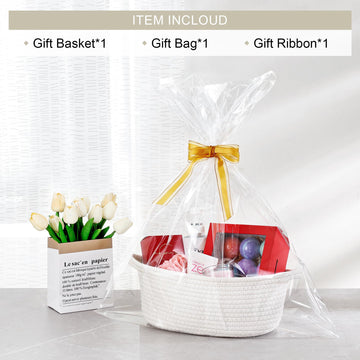 Small Woven Basket With Gift Bags And Ribbons, Empty Decorative Gift Chest Box, Cute Baby Gift Basket For Nursery, Cotton Rope R