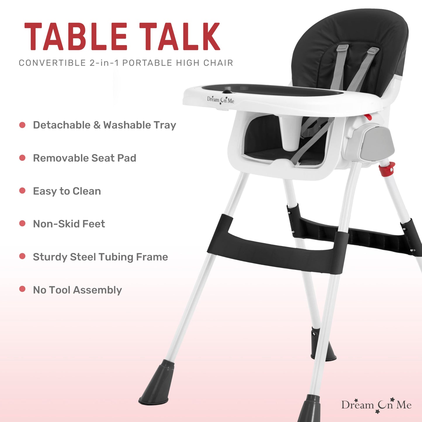 Dream On Me Portable 2-In-1 Tabletalk High Chair In Black, Three Adjustable Height Settings, Lightweight Portable High Chair, Ea