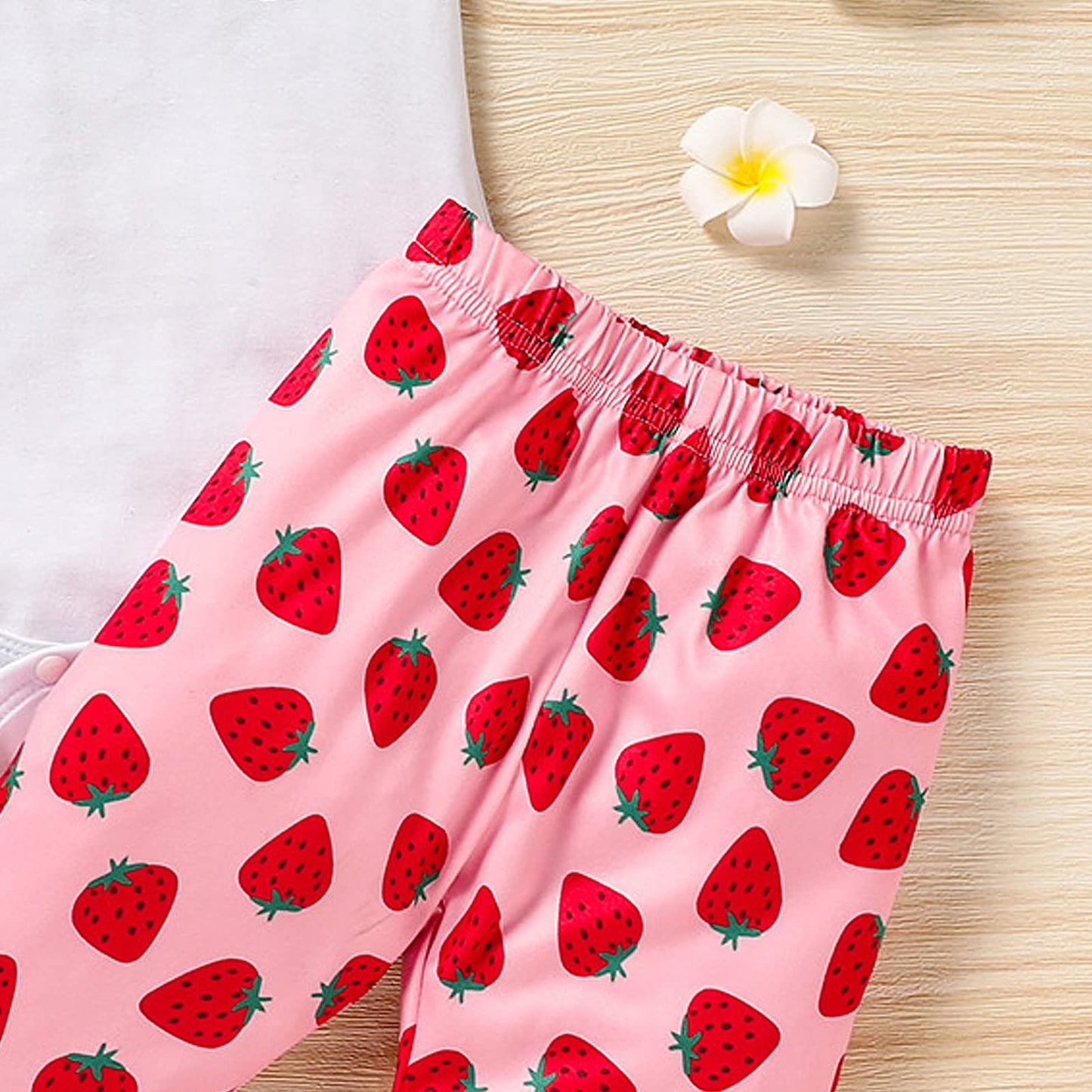 Grnshts Baby Girl Birthday Clothes One Letter Short Sleeve Romper+Strawberry Print Flared Pants+Headband 3Pcs Cake Smash Outfits