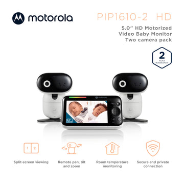 Motorola Baby Pip1610 Hd - 5' Motorized Video Baby Monitor W/ 2 Cameras, Wall Mount, 1000Ft Range, Two-Way Audio, Room Temperat