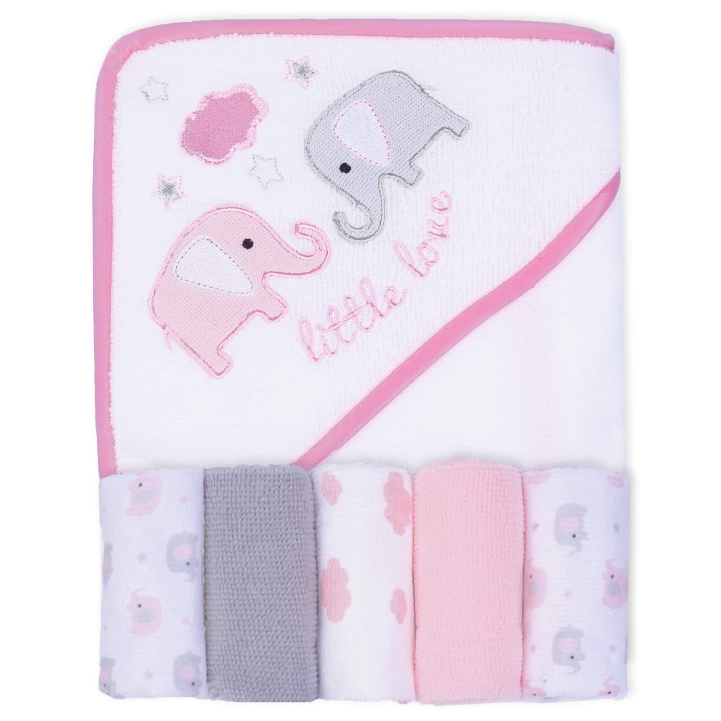Viviland Baby Towels And Washcloths, Soft Absorbent Pink Baby Bath Towel Set, Elephant Hooded Towels With 5 Infant Face Washclot