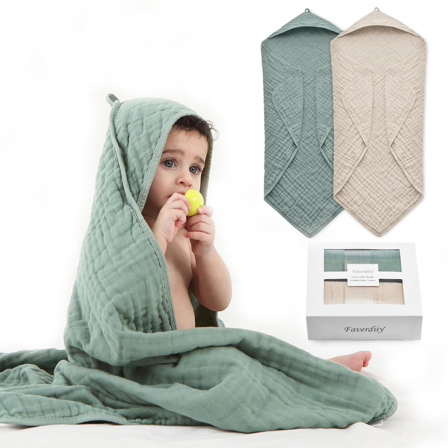 FAVERDIIY Hooded Baby Towels for Newborn, 35x35 Inch 2 Pack 100% Muslin Cotton Baby Bath Towel, Soft Baby Beach Towels with Hood