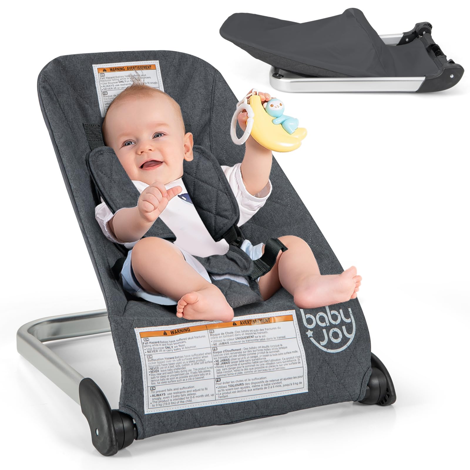 Baby Joy Baby Bouncer, Foldable Bouncer & Stationary Seat With 5-Point Safety Harness, Removable Fabric Cover, Portable Infant B