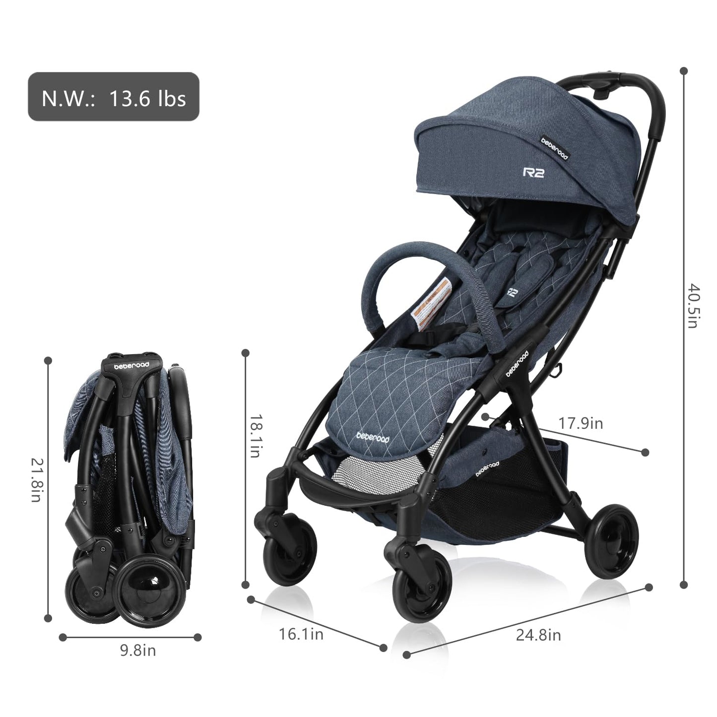 Beberoad Love R2 Small Travel Stroller Compact Stroller Foldable Lightweight Baby Stroller For Airplane, Infant Toddler Stroller