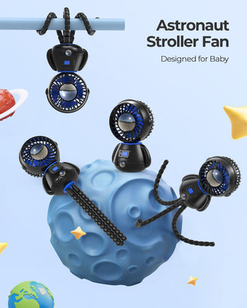 Slenpet Astronaut Portable Stroller Fan, Baby-Safe Clip-On With Detachable Flexible Tripod, Rechargeable Battery-Operated, 3-Spe