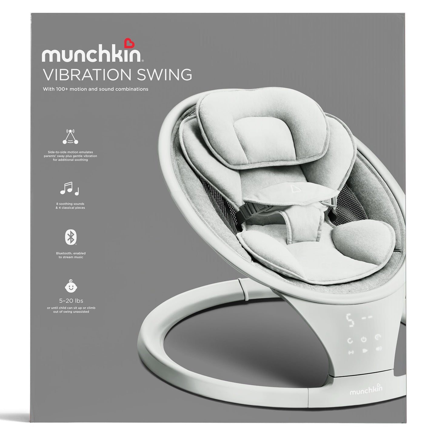 Munchkin Vibration Baby Swing, Light Grey - Bluetooth-Enabled Smart Seat With Music, Motion, And Sounds